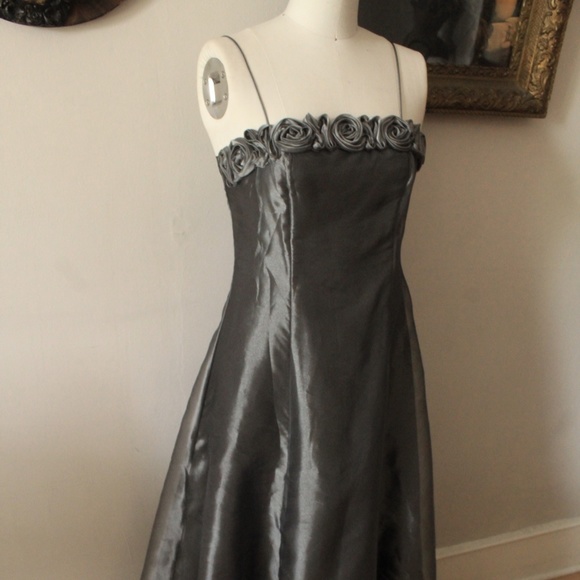 1990's Niteway Gunmetal Grey Chiffon Prom Dress with Rosette Neckline - Picture 1 of 9